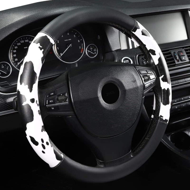 ZHOL Cow Print Steering Wheel Cover, Universal 14.5-15 inch Breathable Microfiber Leather Anti-Slip Car Steering Wheel Protector for Women Men, Black&White - Image 1